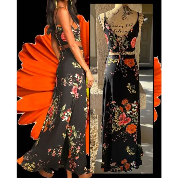 Lulus Bloom With a View Black Floral Print Two-Piece Maxi Dress Size XL