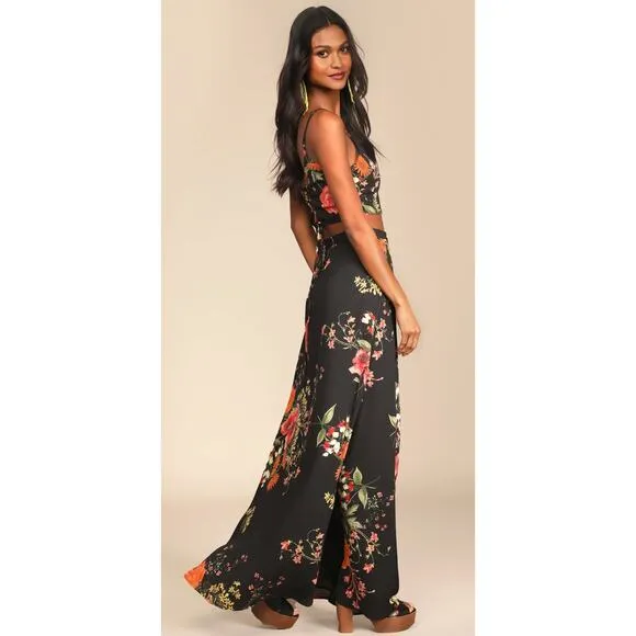 Lulus Bloom With a View Black Floral Print Two-Piece Maxi Dress Size XL
