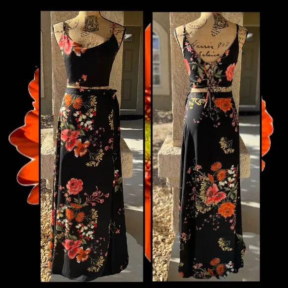 Lulus Bloom With a View Black Floral Print Two-Piece Maxi Dress Size XL