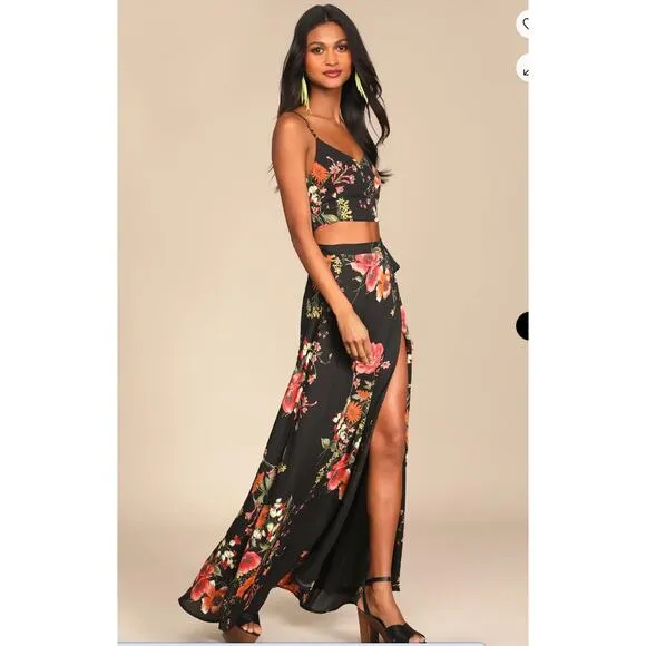Lulus Bloom With a View Black Floral Print Two-Piece Maxi Dress Size XL