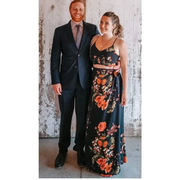 Lulus Bloom With a View Black Floral Print Two-Piece Maxi Dress Size XL