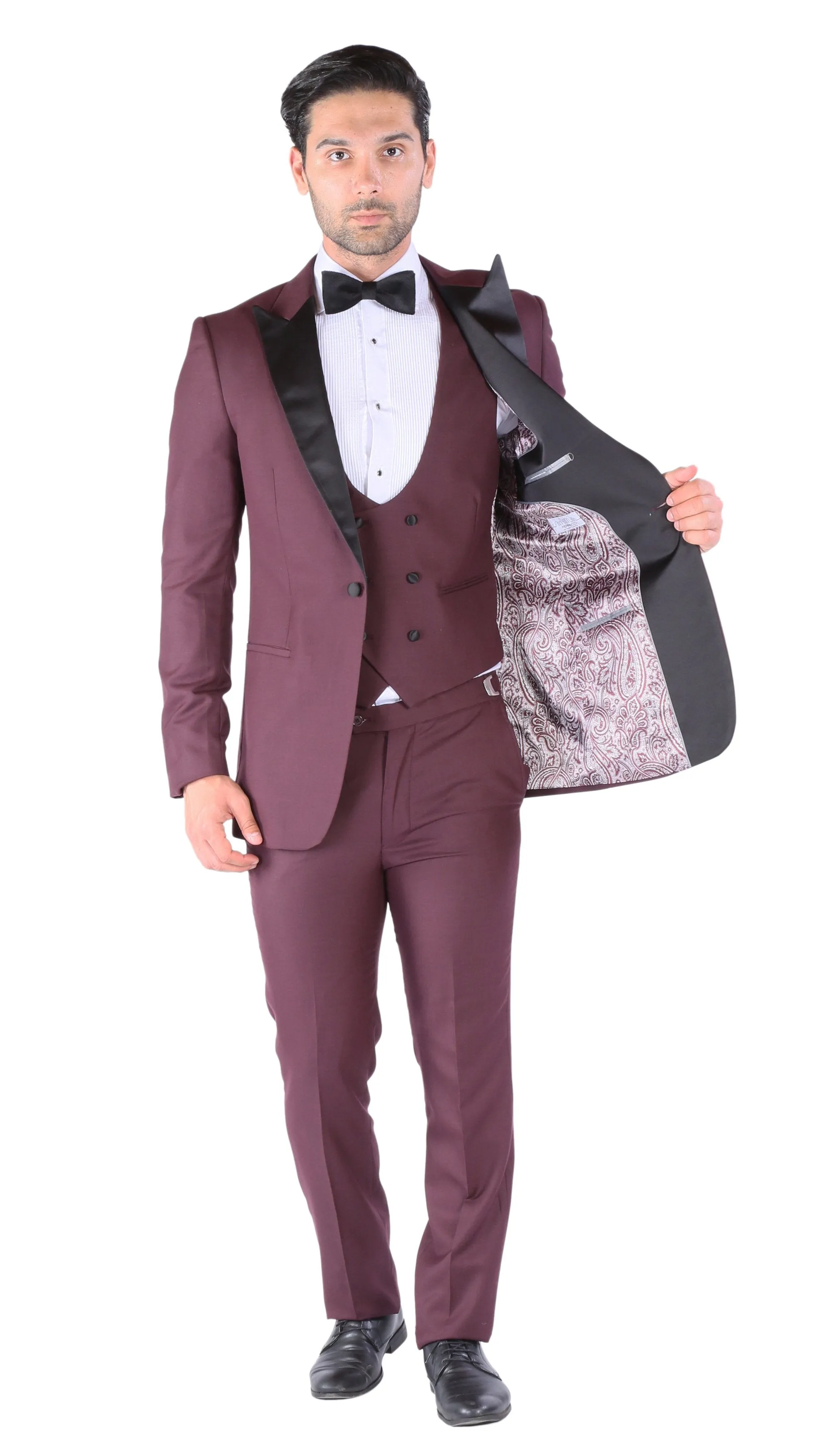 Luna 3pc Slim Fit Bugundy Peak Lapel Tuxedo