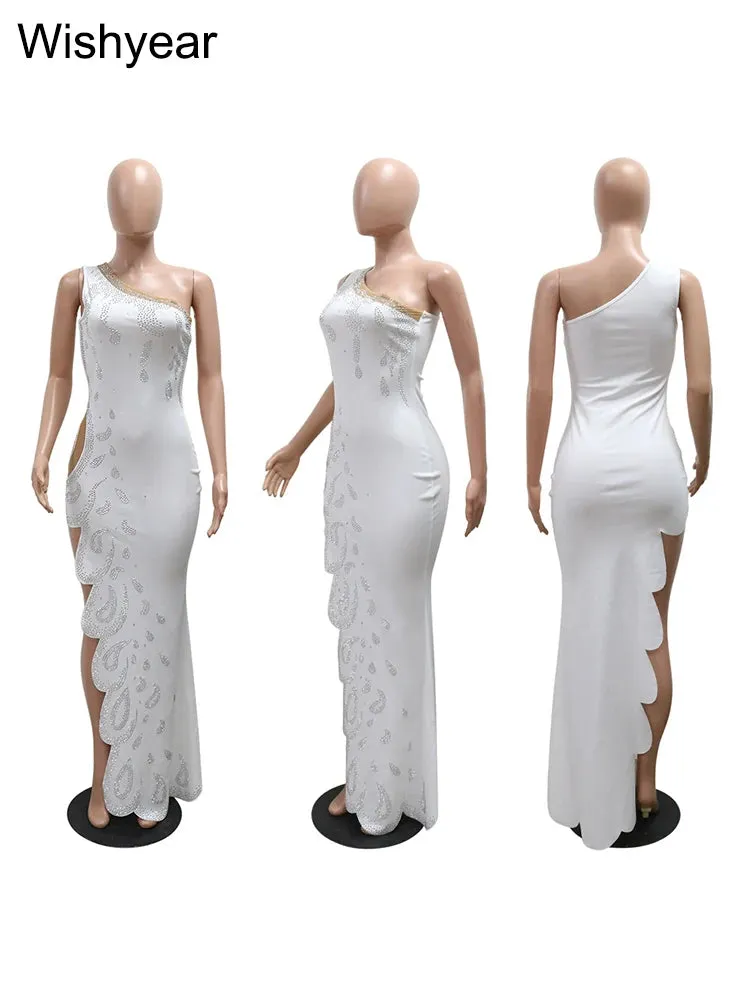 Luxury Rhinestone One Shoulder Sleeveless Dress Irregular Sexy Wedding Party Bodycon Evening Club Long Dresses