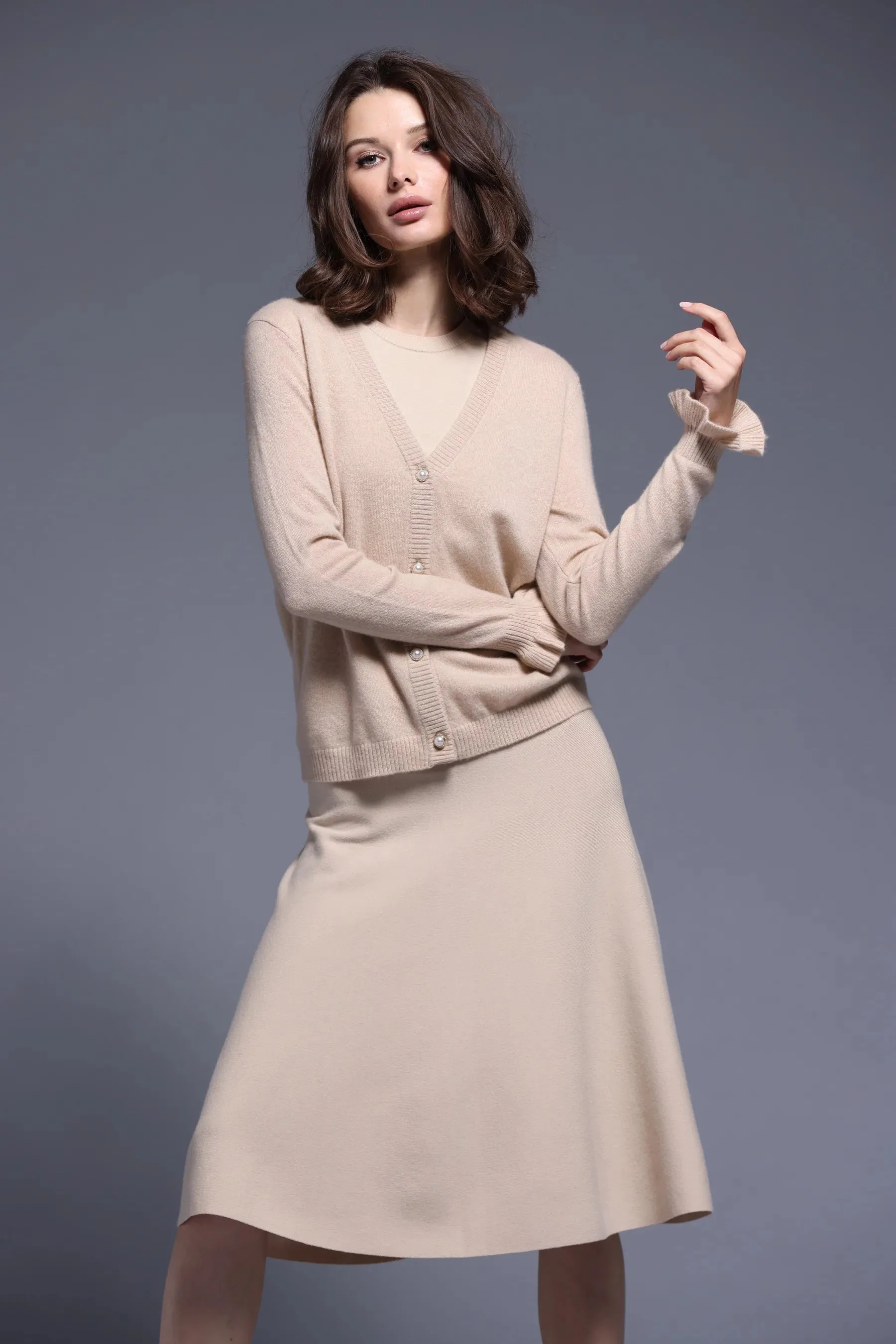 Minnie Rose V Neck Ruffle Cuff Cardigan
