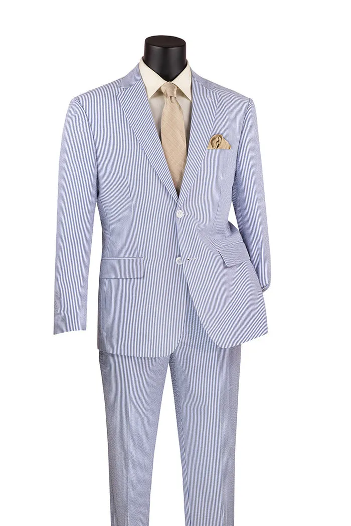 Modern Fit Summer 2 Piece 2 Button Suit Striped Seersucker Navy MSS-1