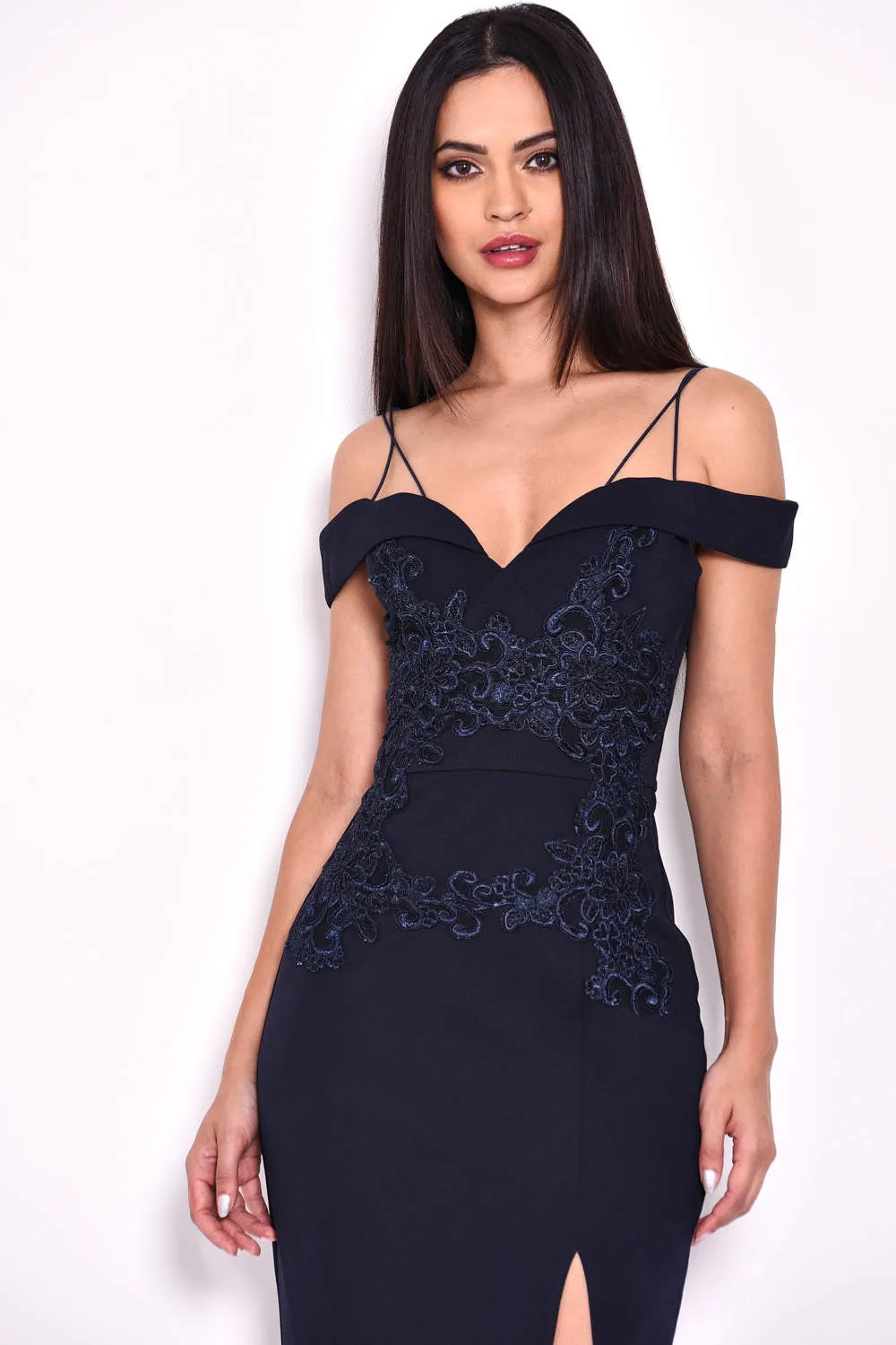 Navy Crochet Detail Double Strap Maxi Dress