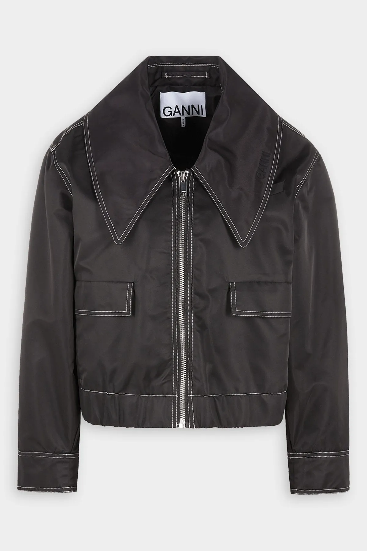 Nylon Wide Collar Bomber Jacket in Black
