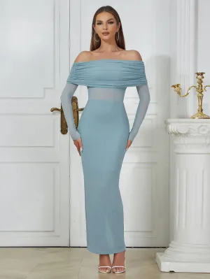 Off Shoulder Long Sleeve Frill Maxi Bodycon Dress HB03620