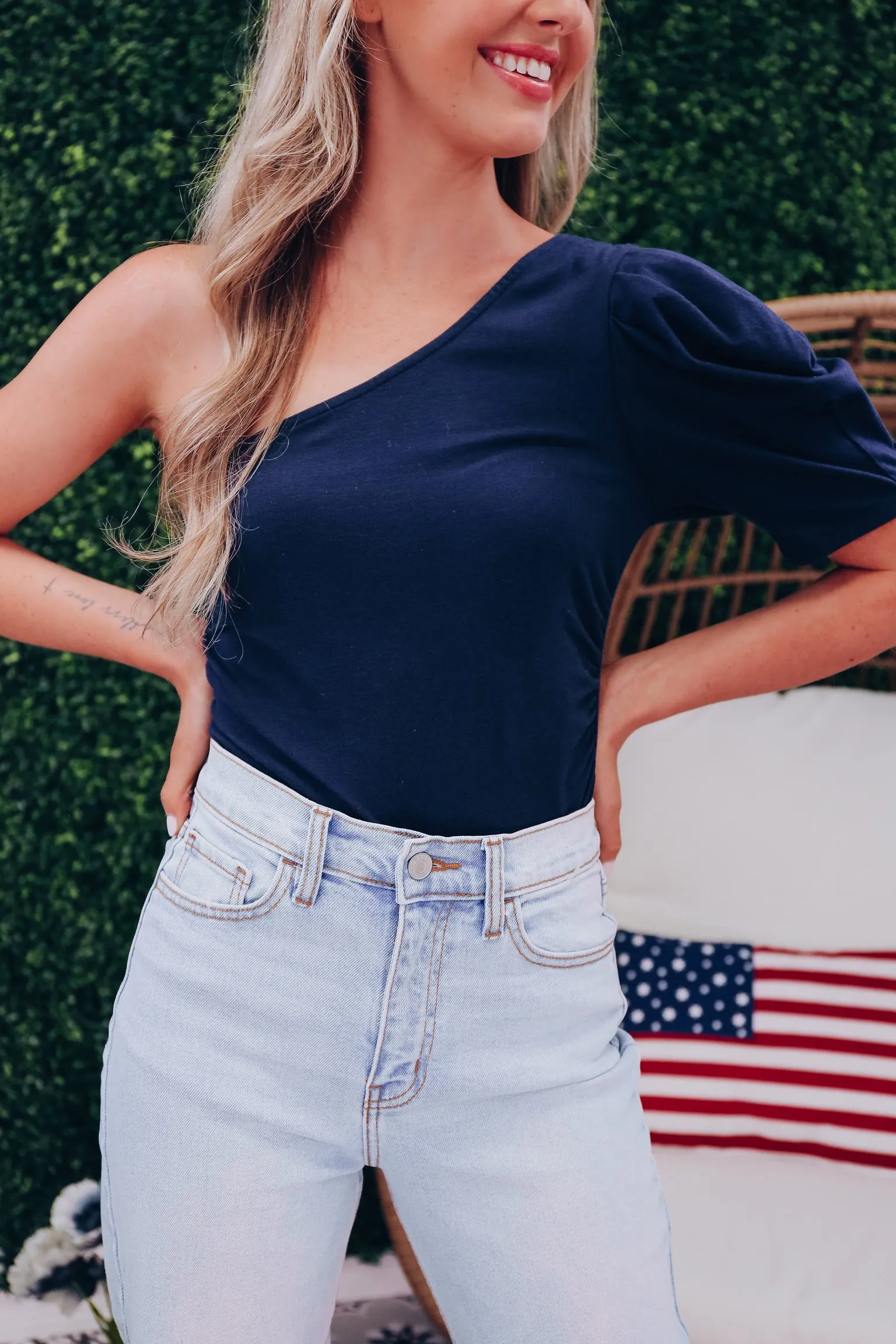 Orla One Shoulder Ruched Bodysuit - Navy