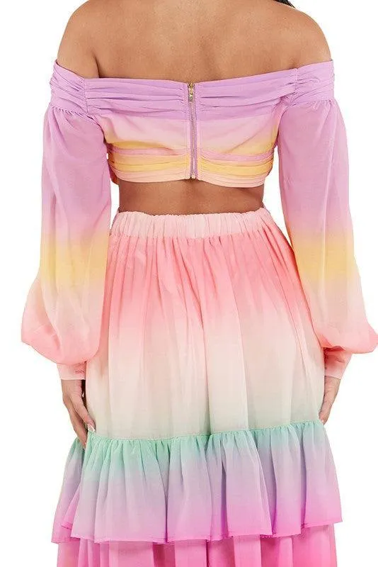 PASTEL OMBRE RUFFLE TIERED MAXI DRESS