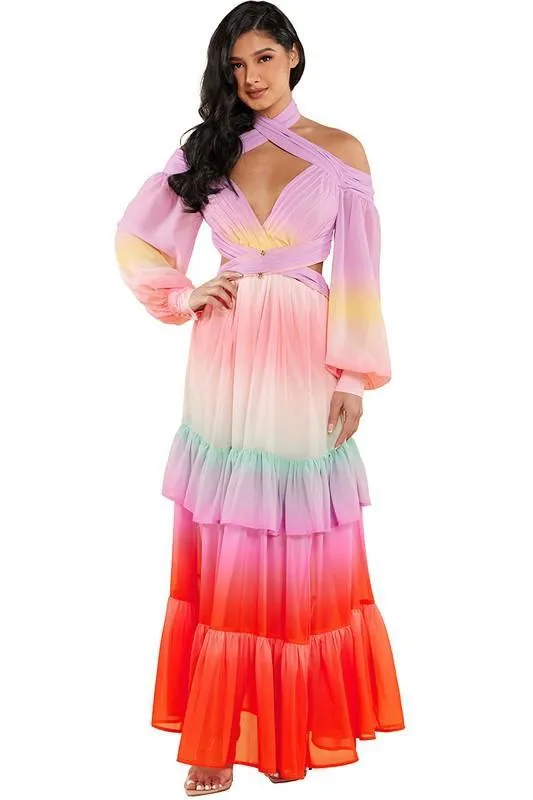 PASTEL OMBRE RUFFLE TIERED MAXI DRESS