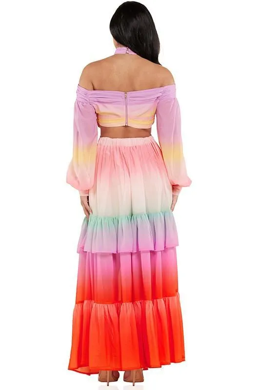 PASTEL OMBRE RUFFLE TIERED MAXI DRESS