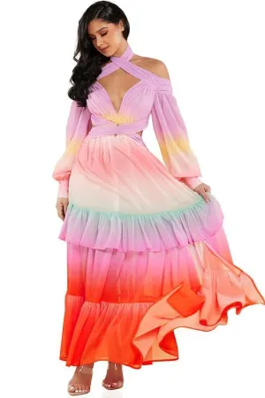 PASTEL OMBRE RUFFLE TIERED MAXI DRESS