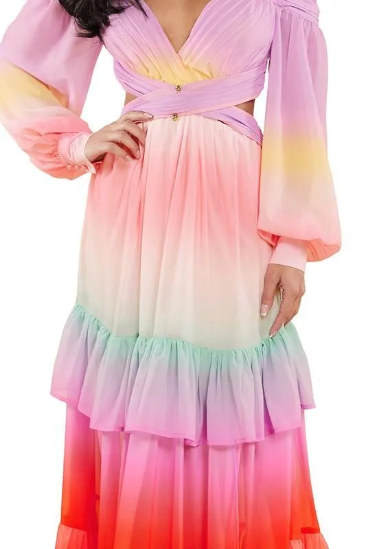 PASTEL OMBRE RUFFLE TIERED MAXI DRESS