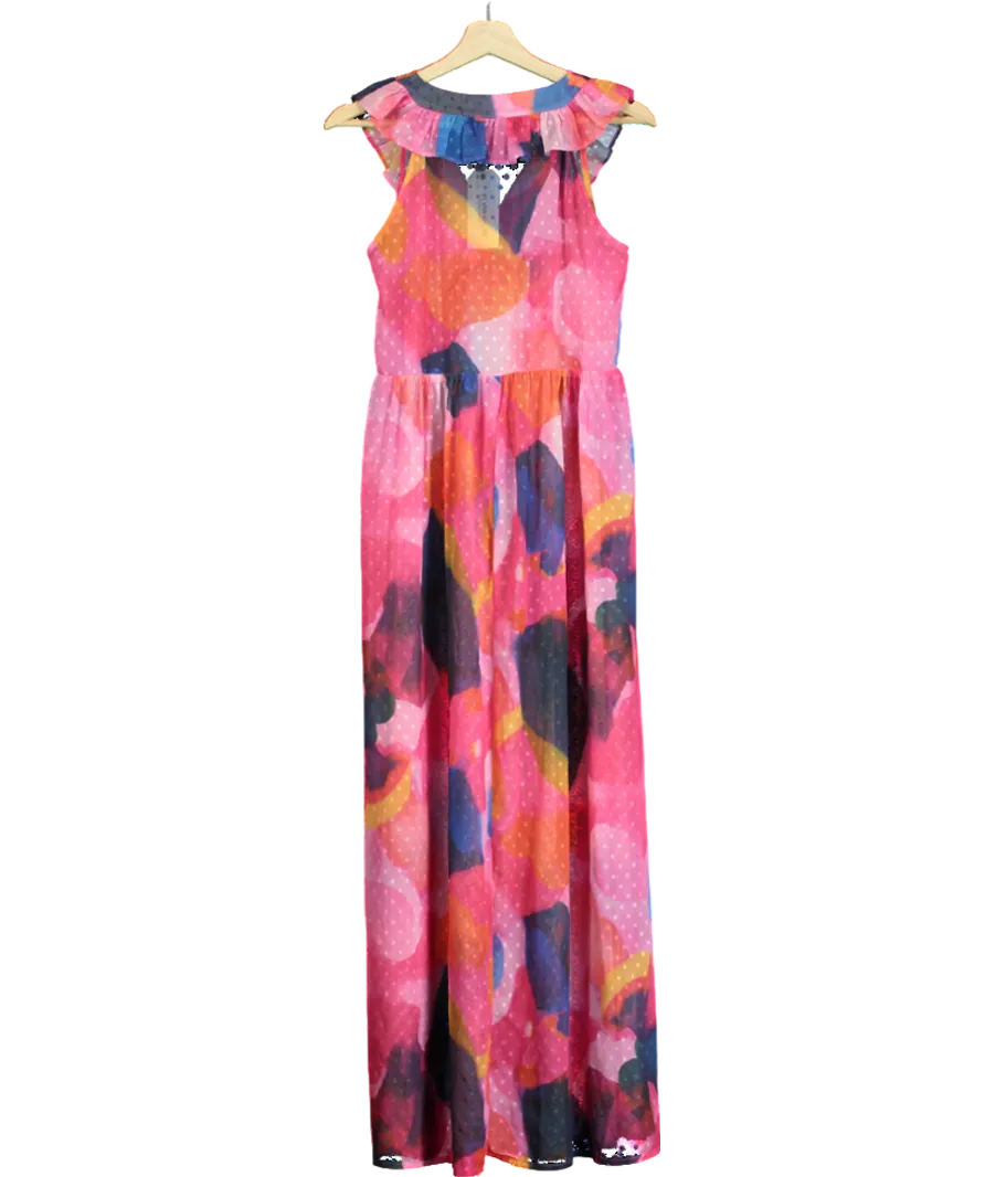 Pia Rossini Multicoloured Fuchsia Maxi Dress With Tropical Abstract Print And Ruffle Detail UK S