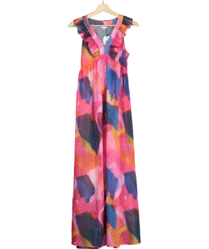 Pia Rossini Multicoloured Fuchsia Maxi Dress With Tropical Abstract Print And Ruffle Detail UK S