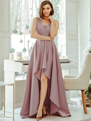 Pink Prom Dress A-Line With Train V-Neck Sleeveless Satin Fabric Maxi Sash Party Dresses