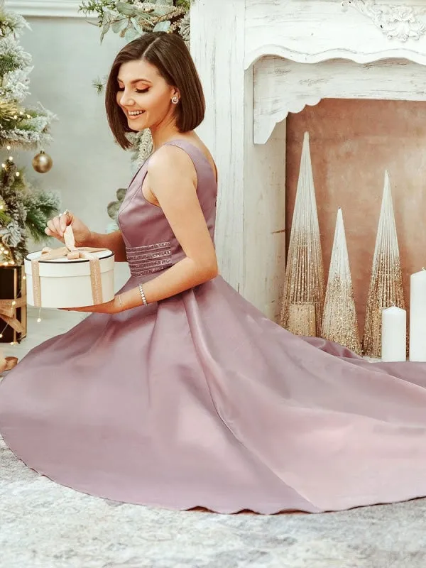 Pink Prom Dress A-Line With Train V-Neck Sleeveless Satin Fabric Maxi Sash Party Dresses