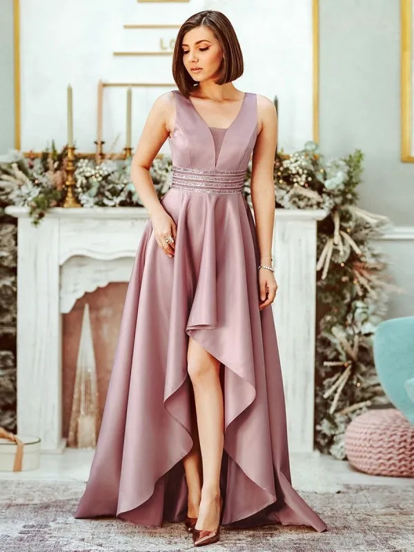 Pink Prom Dress A-Line With Train V-Neck Sleeveless Satin Fabric Maxi Sash Party Dresses