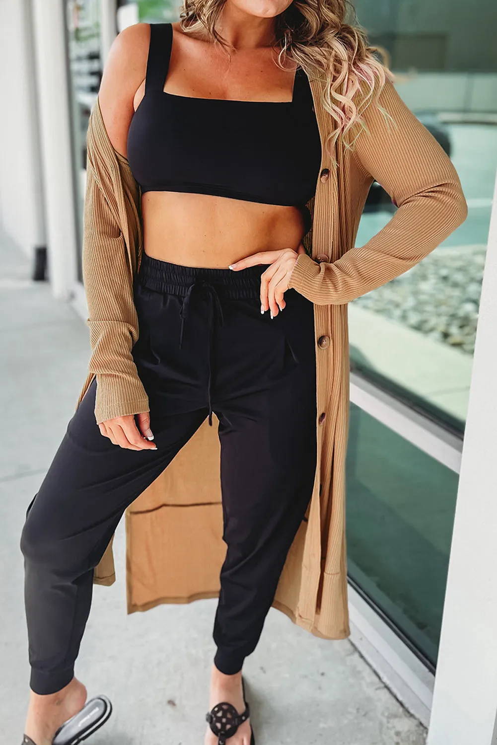 Pink Ribbed Button-Up Split Duster Cardigan