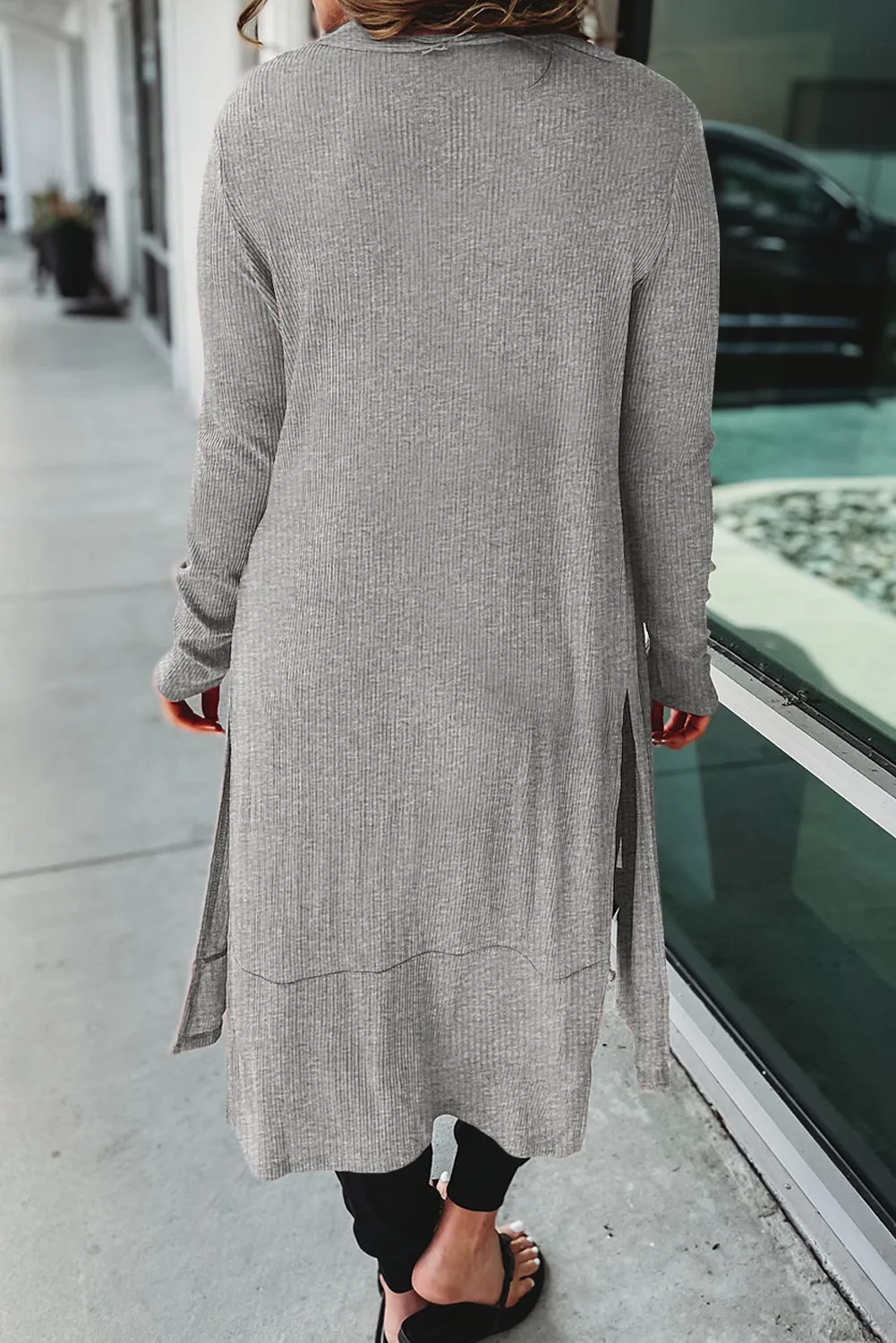 Pink Ribbed Button-Up Split Duster Cardigan