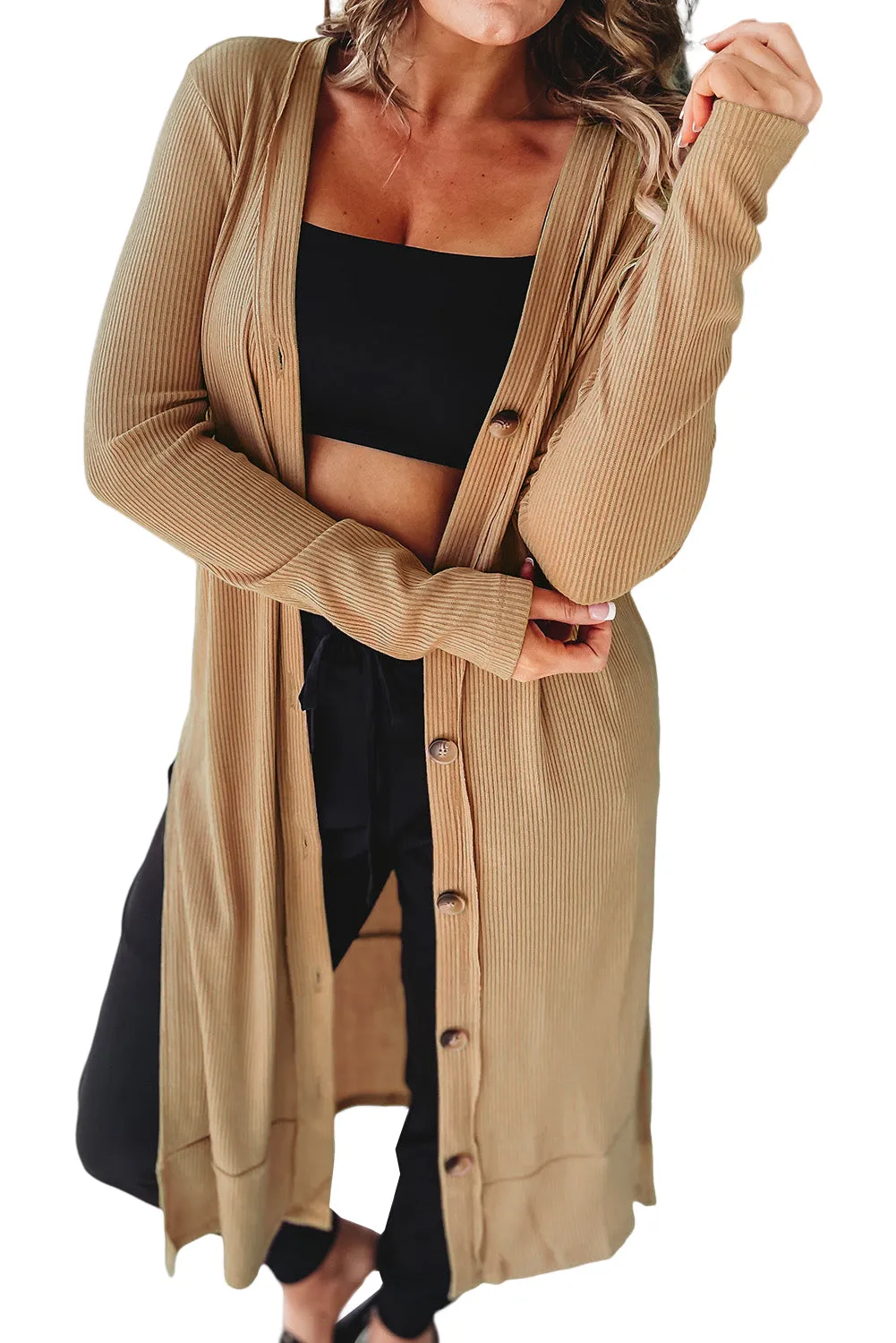 Pink Ribbed Button-Up Split Duster Cardigan