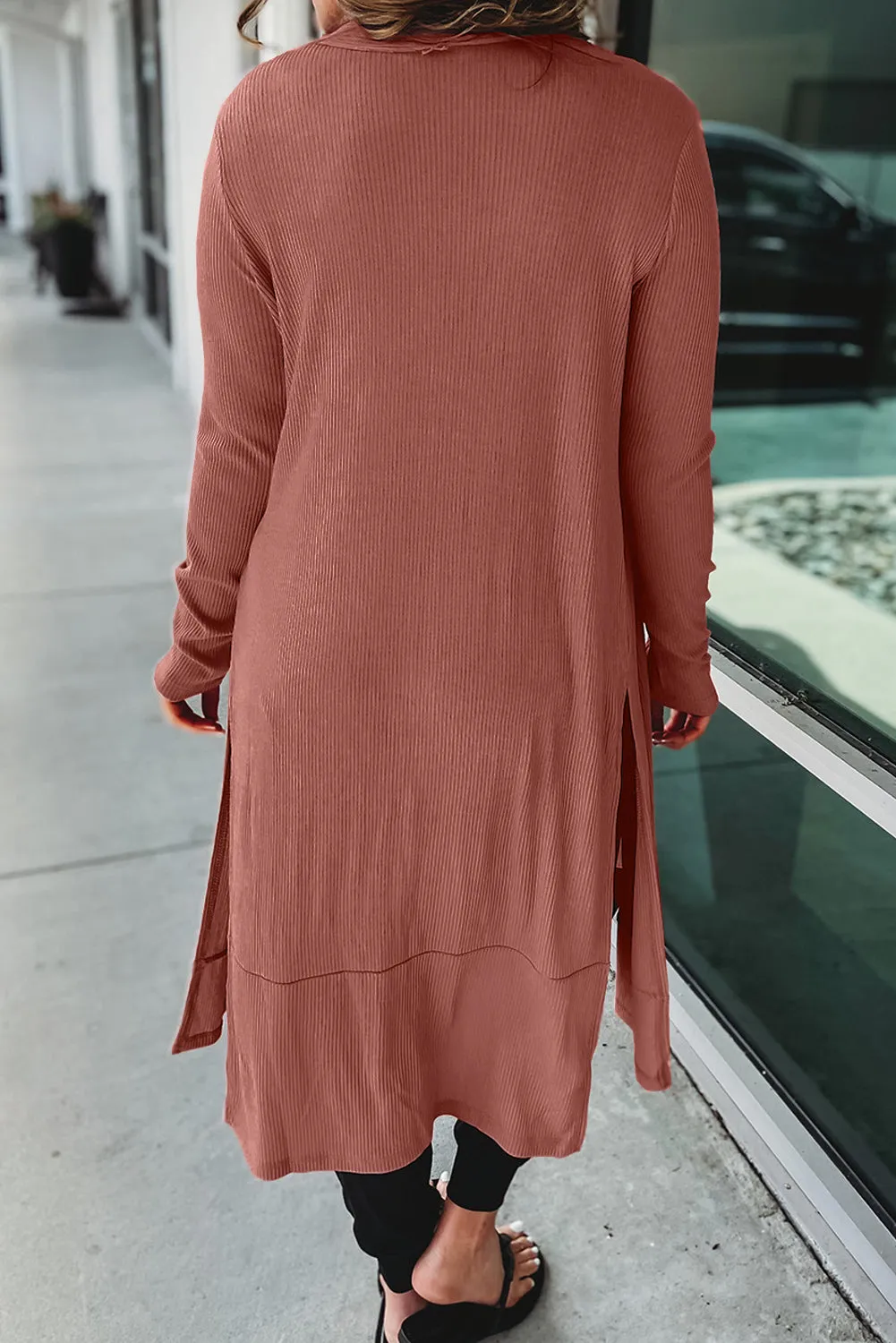 Pink Ribbed Button-Up Split Duster Cardigan