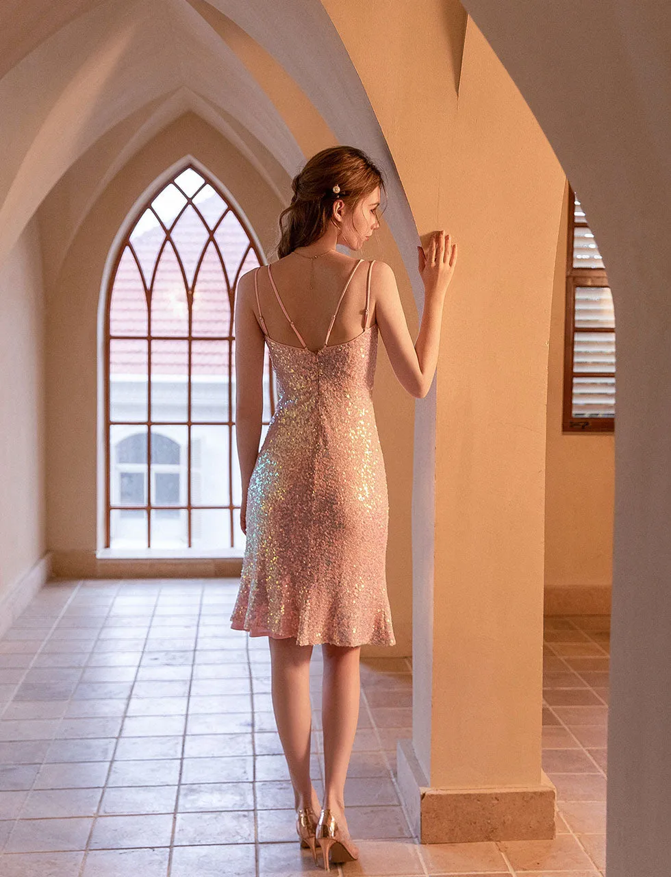 Pink Sequined Split Sexy Bodycon Dress With Straps
