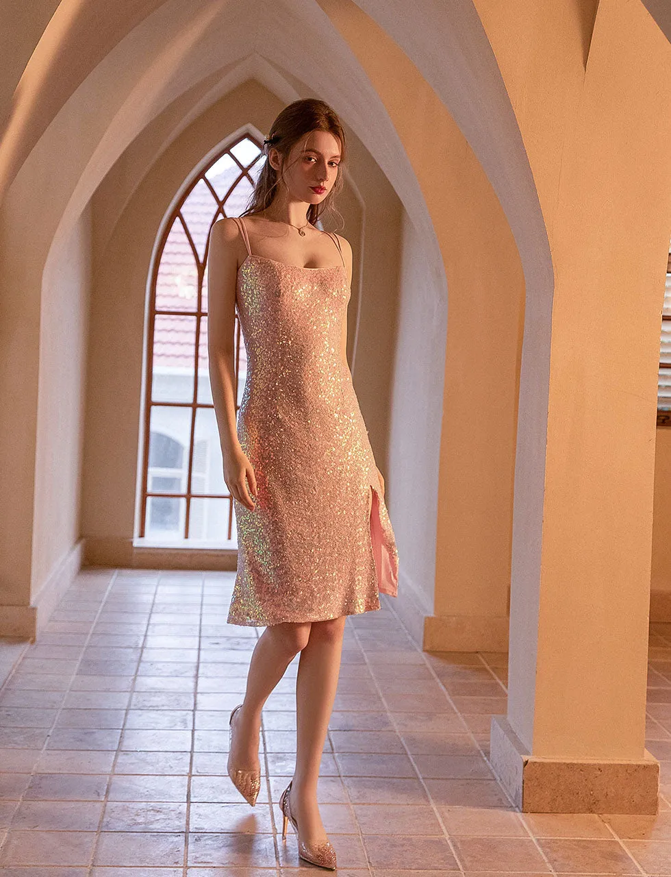 Pink Sequined Split Sexy Bodycon Dress With Straps