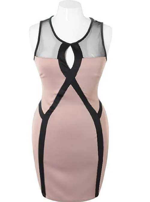 Plus Size Designer Bodycon Mesh Taupe Dress