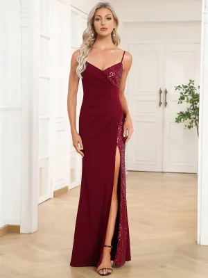 Robe de soirée moulante à sequins avec fente sur le devant et bretelles fines(Vente finale)