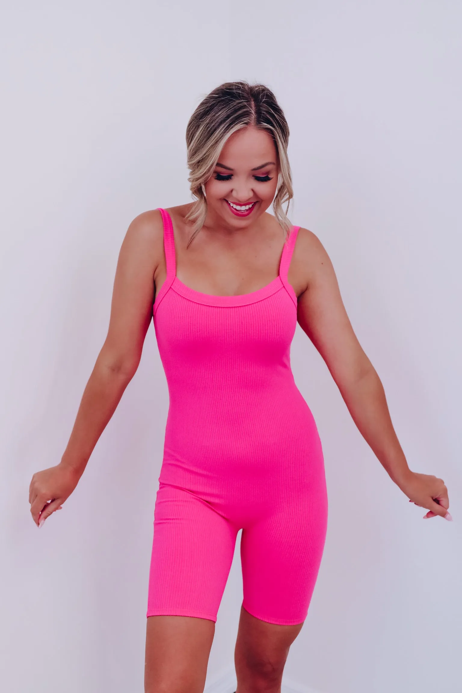 Rona Ribbed Bodycon Romper - Pink