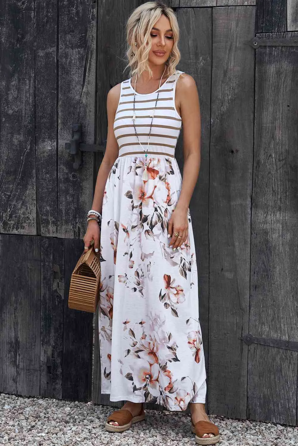 Rosie Striped Floral Round Neck Sleeveless Maxi Dress
