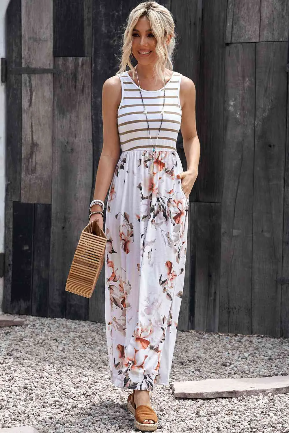 Rosie Striped Floral Round Neck Sleeveless Maxi Dress