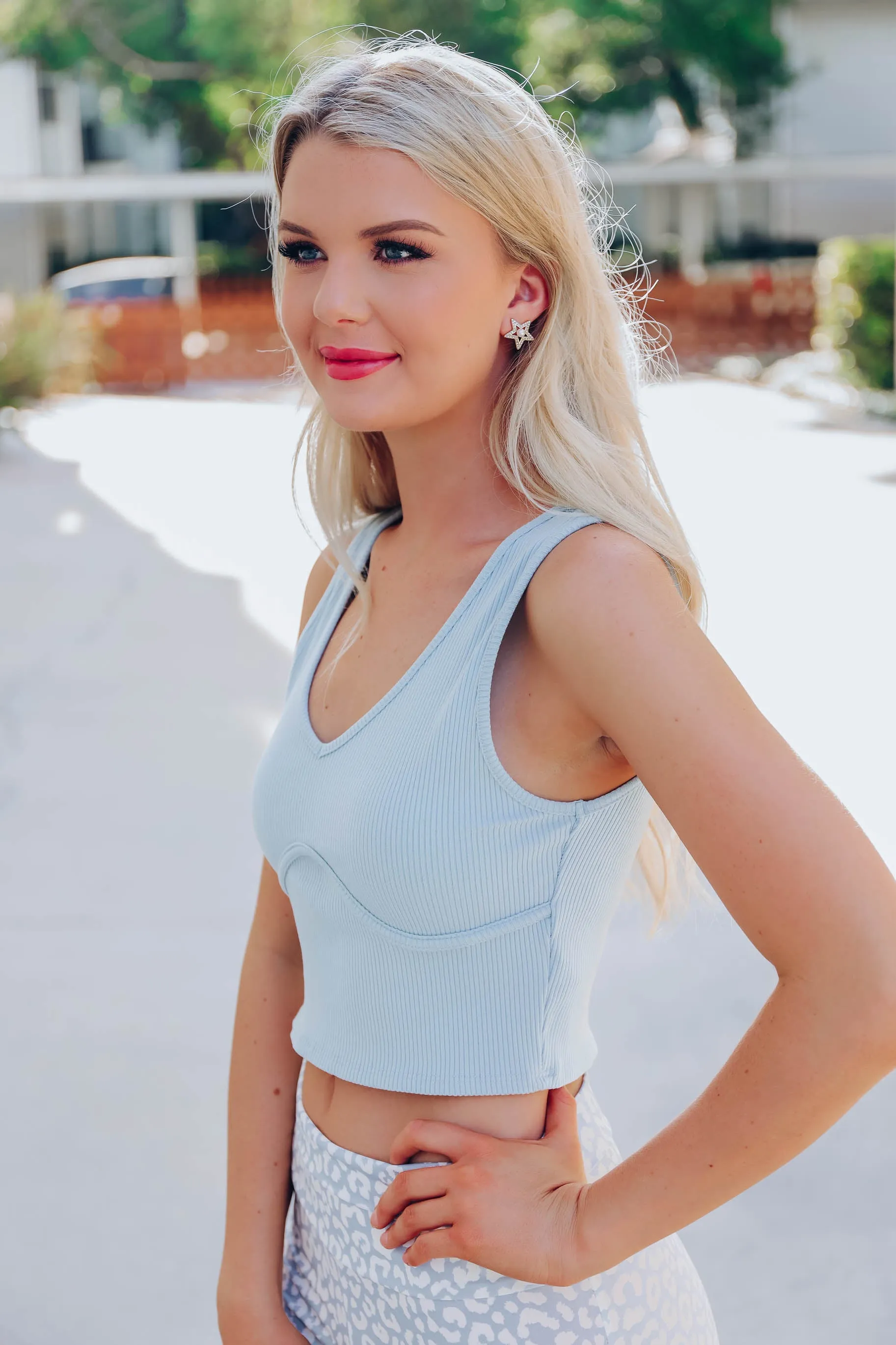 Rubi Ribbed Knit Crop Top - Lt. Blue