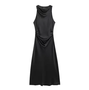 Ruched Sleeveless Satin Maxi Dress
