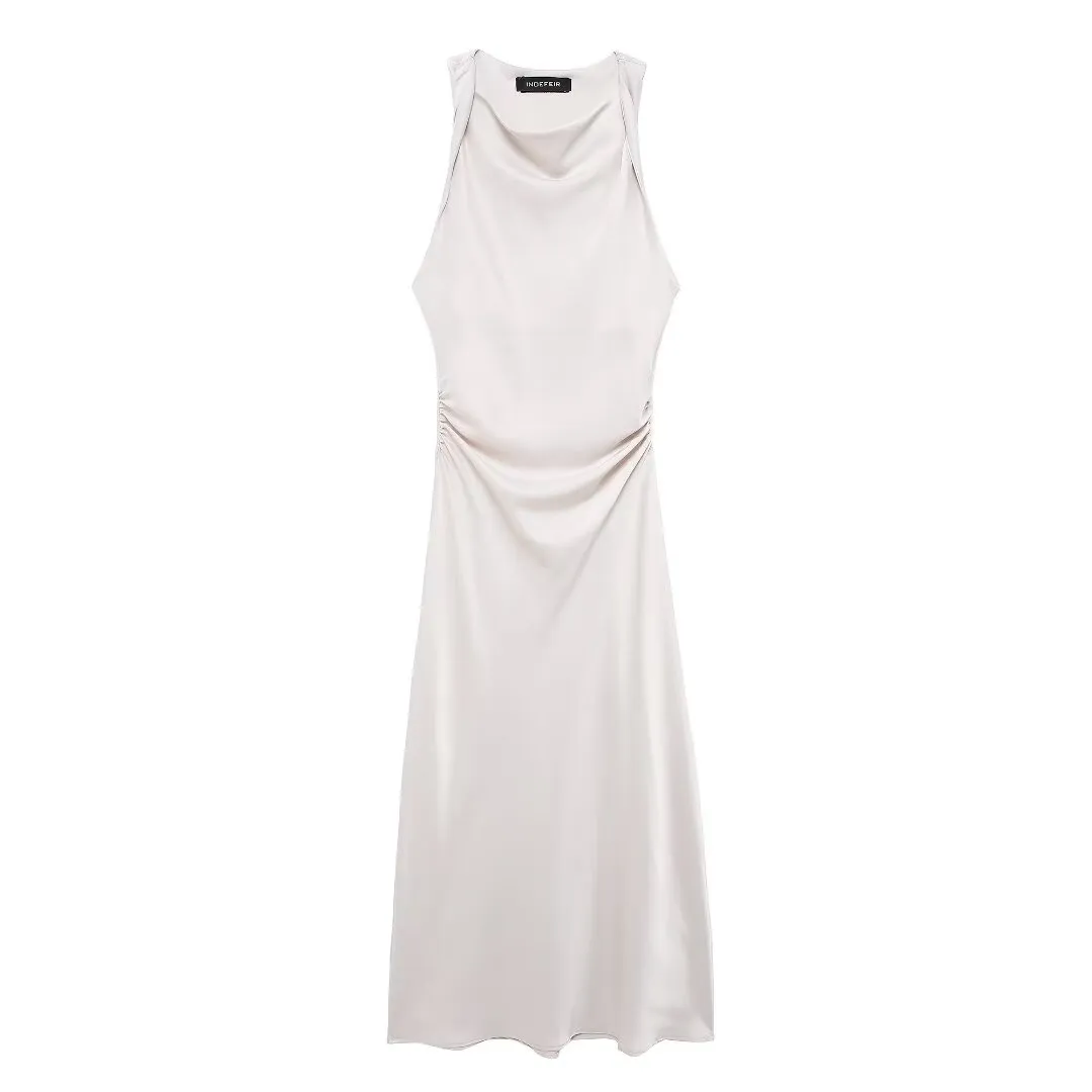 Ruched Sleeveless Satin Maxi Dress