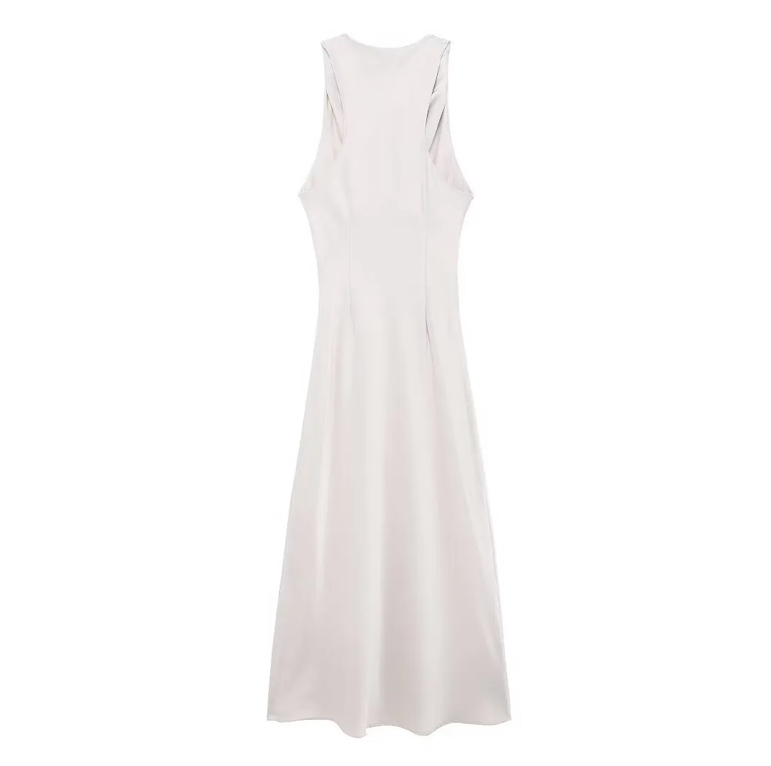 Ruched Sleeveless Satin Maxi Dress
