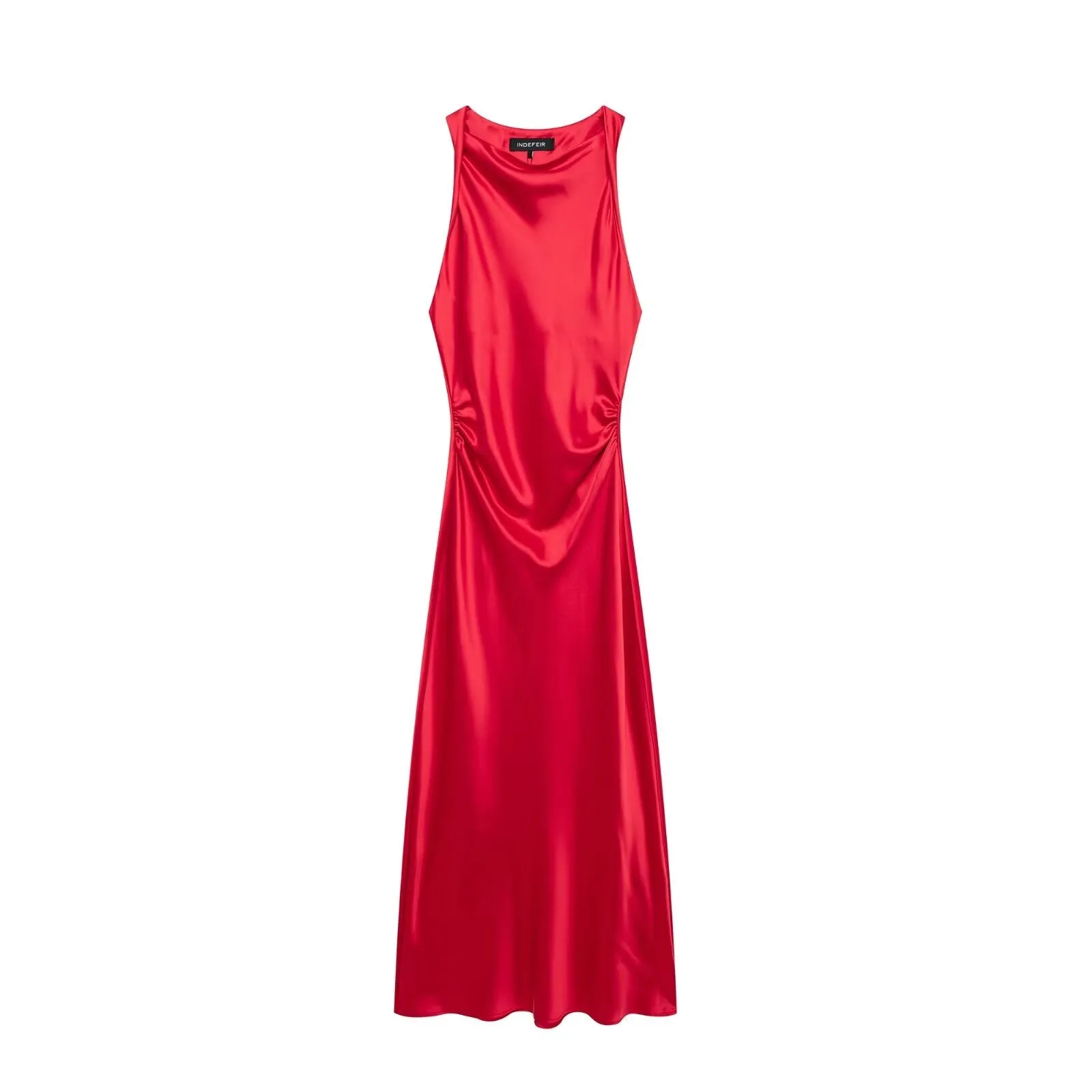 Ruched Sleeveless Satin Maxi Dress