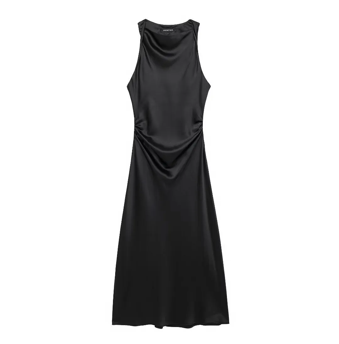 Ruched Sleeveless Satin Maxi Dress