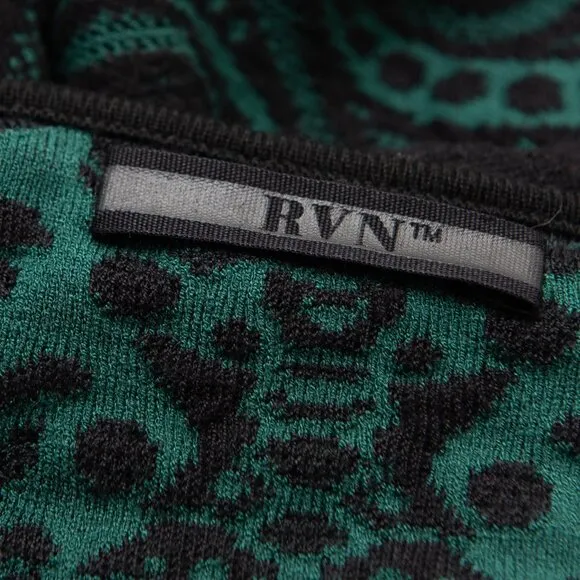 RVN Bodycon Dress Jacquard Knit Midi Dress Abstract Black Green Size Small