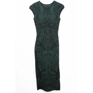 RVN Bodycon Dress Jacquard Knit Midi Dress Abstract Black Green Size Small