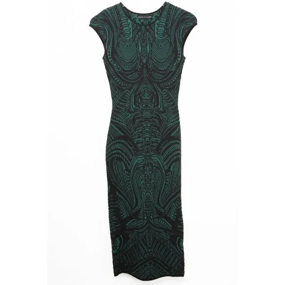 RVN Bodycon Dress Jacquard Knit Midi Dress Abstract Black Green Size Small