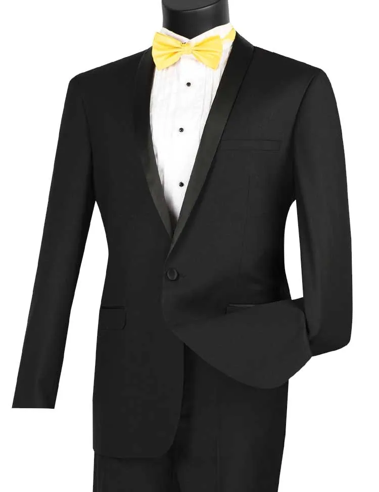 Slim Fit 2 Piece 1 Button Shawl Collar Tuxedo (Black) T-SS