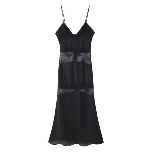 Spaghetti Strap Lace Trim Sheer Panel Dress