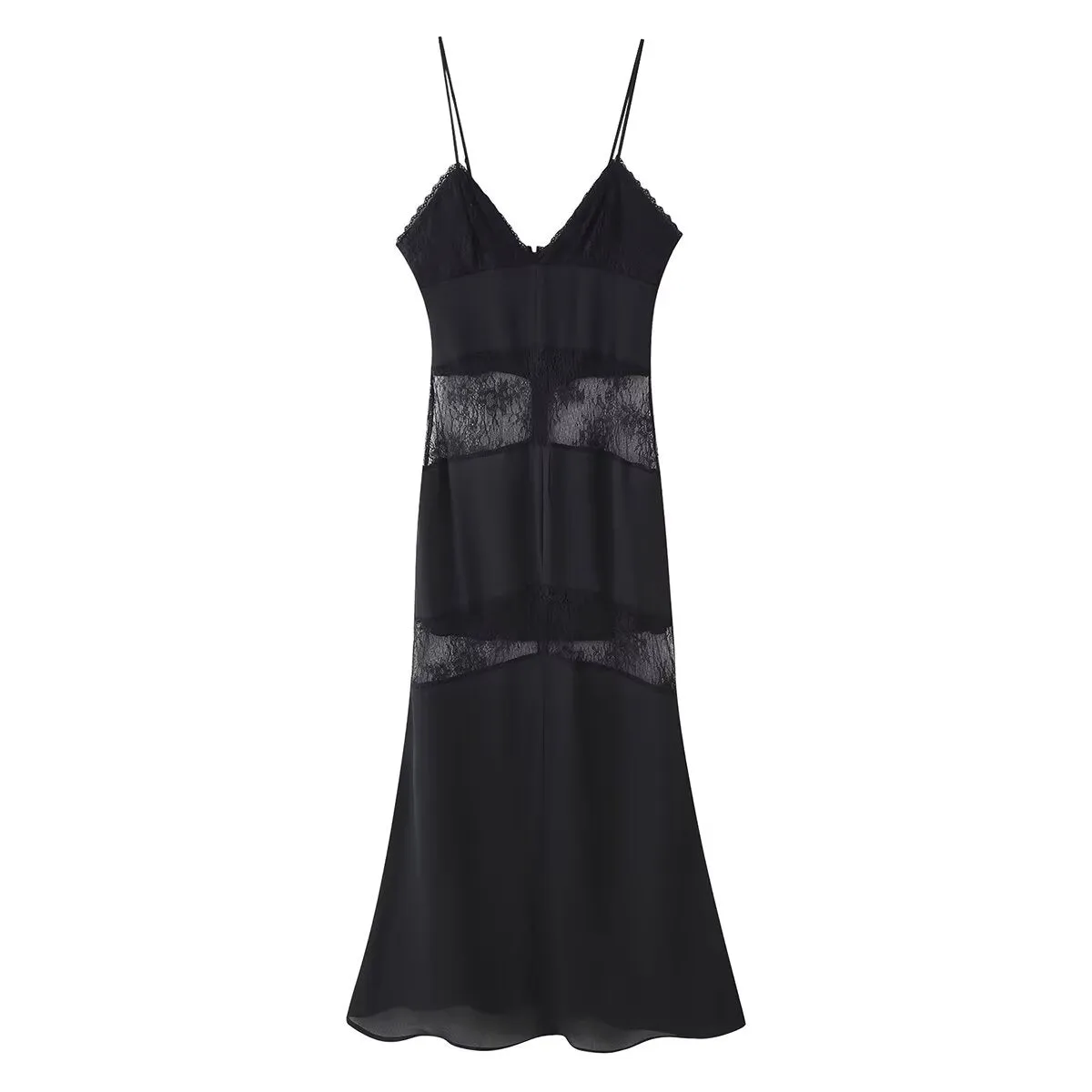 Spaghetti Strap Lace Trim Sheer Panel Dress