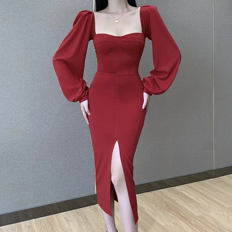 Square Collar Bubble Sleeve Slit Leg Party Bodycon Midi Dresses Black