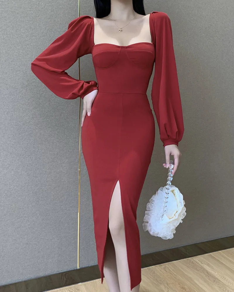 Square Collar Bubble Sleeve Slit Leg Party Bodycon Midi Dresses Black