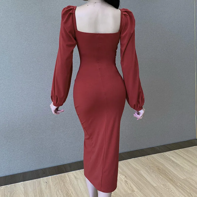 Square Collar Bubble Sleeve Slit Leg Party Bodycon Midi Dresses Black