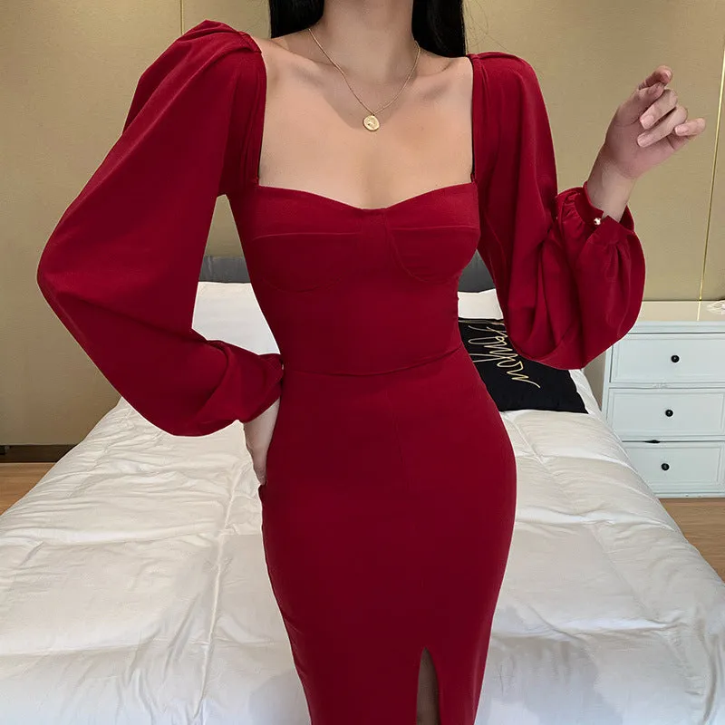 Square Collar Bubble Sleeve Slit Leg Party Bodycon Midi Dresses Black